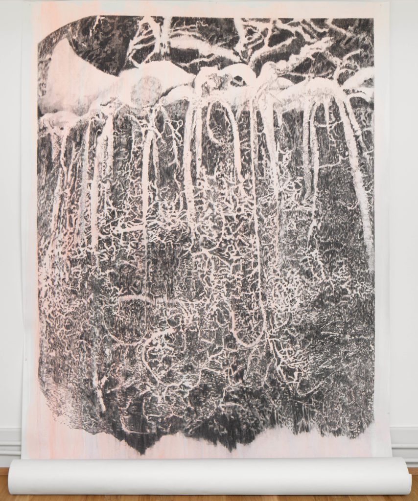 Encéphalie, fusain et gouache sur papier, 200 x 147 cm, 2022 ©Villa Bernasconi, Lancy, Dylan Perrenoud